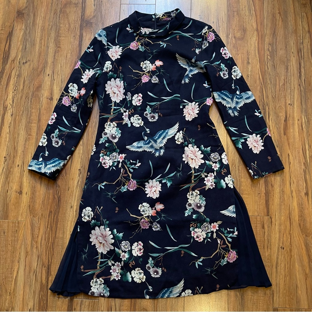 Oriental Floral Wool Longsleeve Dress Size M